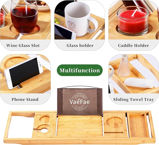 VaeFae Bamboo Bathtub Caddy Tray, Expandable Bath Tray for Tub with Upgraded Wine Slots and Book Holder - Ideal for One or Two Person Use - Bloomnest