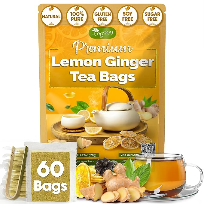TOG999, Premium Lemon Ginger Tea Bags | 60 Tea Bags | Refreshing Herbal Blend with Bright Citrus & Warming Ginger | Naturally Caffeine-Free | 100% Plant-Based, Sustainably Sourced Herbal Tea - Bloomnest