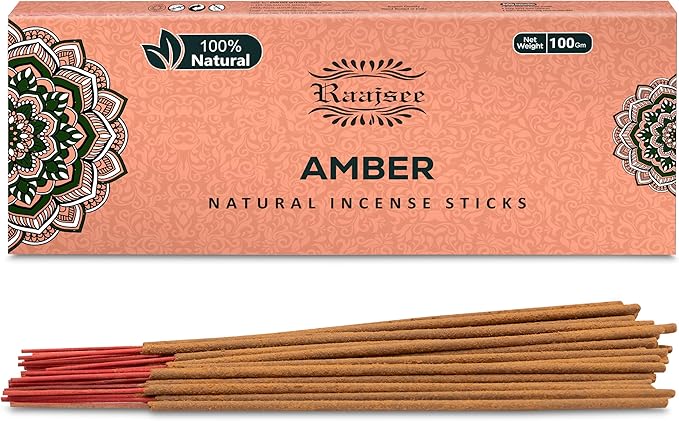 Raajsee Amber Incense Sticks 100 Gm Pack-100% Pure Organic - Natural Hand Rolled Free from Chemicals-Insence for Church,Relaxation, Meditation & Sensual Therapy RAAJSEE