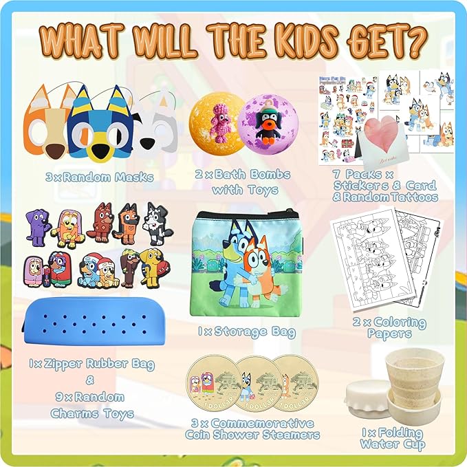 The Blue Heelers Gifts Set: Bath Bombs with Toys Inside, Shower Steamers, Felt Masks, Tattoos, Rubber Bag, Shoe Charms, Collapsible Cup, Storage Bag, Coloring, Gift Card&Sticker, Kids Best Gifts - Bloomnest