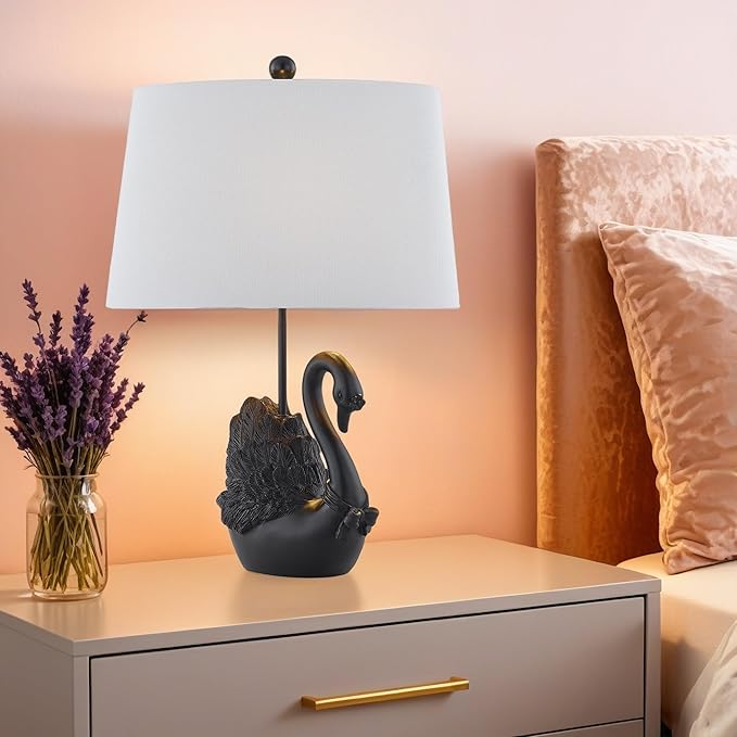 Crestview Collection Bird Table Lamp, 24" Matte Black Swan Resin Table Lamp with Linen Shade, Modern Animal Lamp for Nightstand,End Table or Entryway, Art Home Decor for Bedroom,Living Room or Hallway - Bloomnest