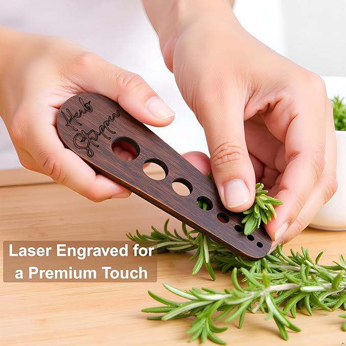 Herb Stripper Tool – Natural Wood Leaf Remover with 8 Hole Sizes, Laser Engraved Kitchen Gadget for Parsley, Thyme, Rosemary – Gift for Home Cooks & Gardeners - Bloomnest