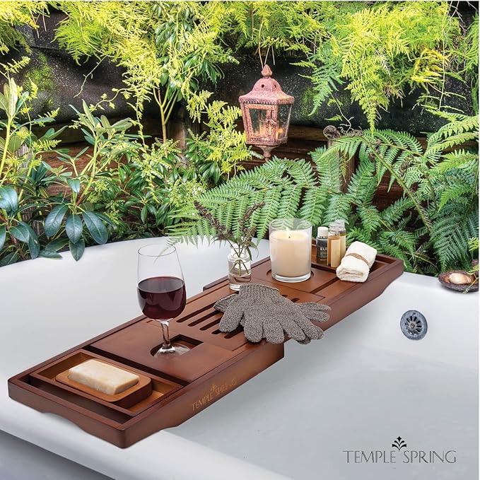 Temple Spring Wooden Bathtub Tray, Bamboo Bathroom Accessories, Bath Tray for Tub, at Home Spa Essentials, Board for Tub Table, Bath Caddy for Bathtub Accessories & Bathroom Essentials – Wood Brown - Bloomnest