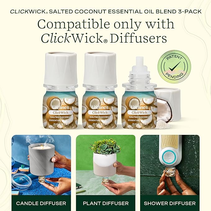 Lifelines ClickWick Essential Oil Blends for Lifelines Diffusers, 3-Pack Salted Coconut Set – Essential Oil Blend Refill for Candle, Plant & Shower Aromatherapy Diffuser – Fragrance for Diffusers - Bloomnest