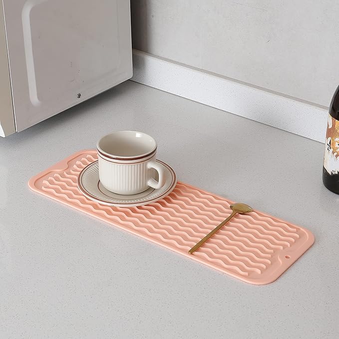 Silicone Dish Drying Mat for Multiple Usage,Easy clean,Eco-friendly,Heat-resistant Silicone Mat for Kitchen Counter,Sink,Bar,Bottle,or Cup Pink M 17 inches x 6 inches - Bloomnest