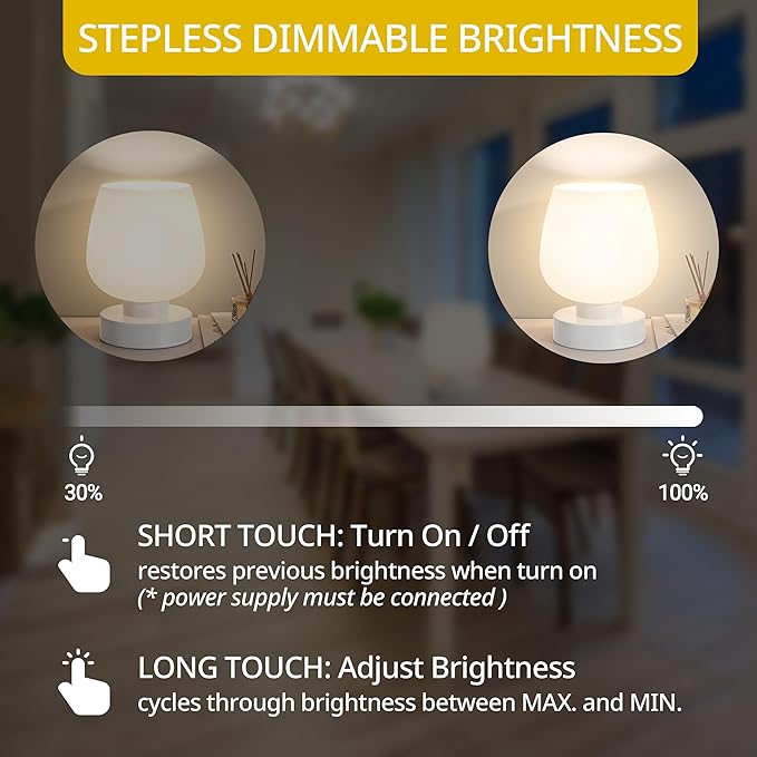 Cordless Bedside Lamp, Portable Rechargeable Table Lamps for Bedroom for Night Stands, Touch Stepless Dimmable Desk Lamp, Warm LED Bulb, Round Shape, 1 Set, White - Bloomnest