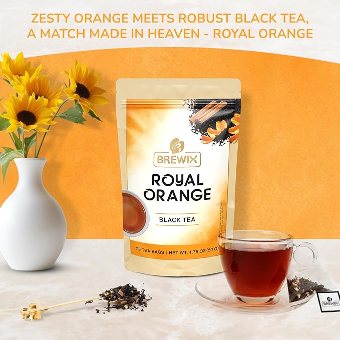 BREWIX, Royal Orange Spice Black Tea (25 Pyramid Tea Bags) | Premium Caffeinated Blend with Zesty Orange & Warming Spices | Warming Winter Blend Perfect for the Holidays | Iced Tea Bags | Sugar-Free - Bloomnest
