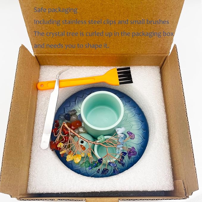 5 in 1 Incense Burner Holder with Crystal Tree for Burning Palo Santo Stick, Sage, Incense Sticks, Candle, Ceramic Tray Ash Catcher, Meditation Gift (Sky-Blue) - Bloomnest