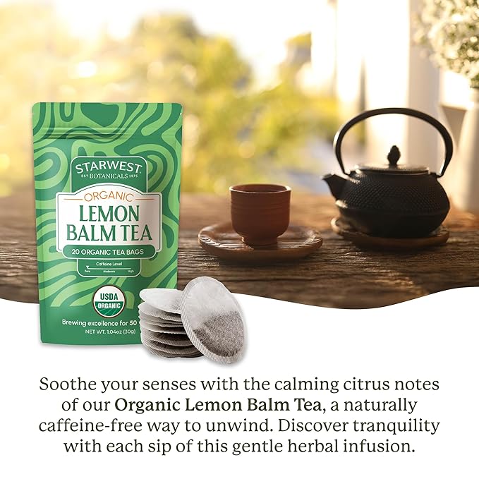 Starwest Botanicals Organic Lemon Balm Leaf Tea - Calming Herbal Tea for Women & Men, Caffeine Free, USDA Organic Lemon Balm Leaf, String Free Sachets, Non GMO - 20 Tea Bags - Bloomnest