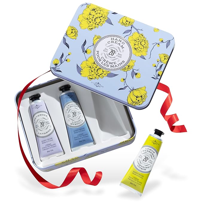 La Chatelaine French Hand Cream Trio Tin, Holiday Gift Set, Hand Lotion for Women, Made in France with 20% Organic Shea Butter (Lavender, Lychee Bilberry & Lemon Verbena or Citrus Fizz) 3 x 1 fl oz - Bloomnest