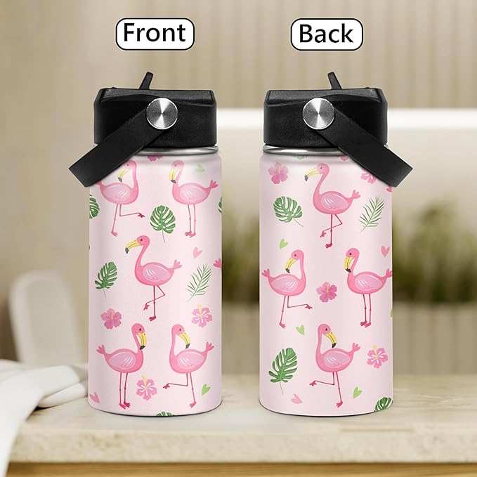 SANDJEST Kids Water Bottle Flamingo Water Bottles 12oz with Straw Insulated Stainless Steel Travel School Tumbler Double Wall Vacuum Cup for Girls Kid - Bloomnest