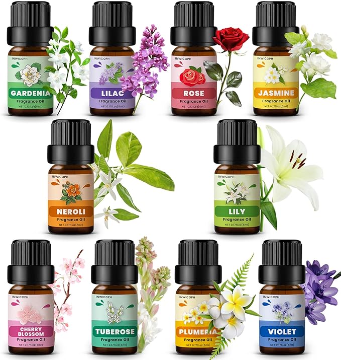 Floral Essential Oils, INWICOPH Flower Fragrance Oil for Candle Making - Rose, Jasmine, Neroli, Gardenia, Lilac, Plumeria and More, Aromatherapy Oils for Diffusers for Home - Bloomnest