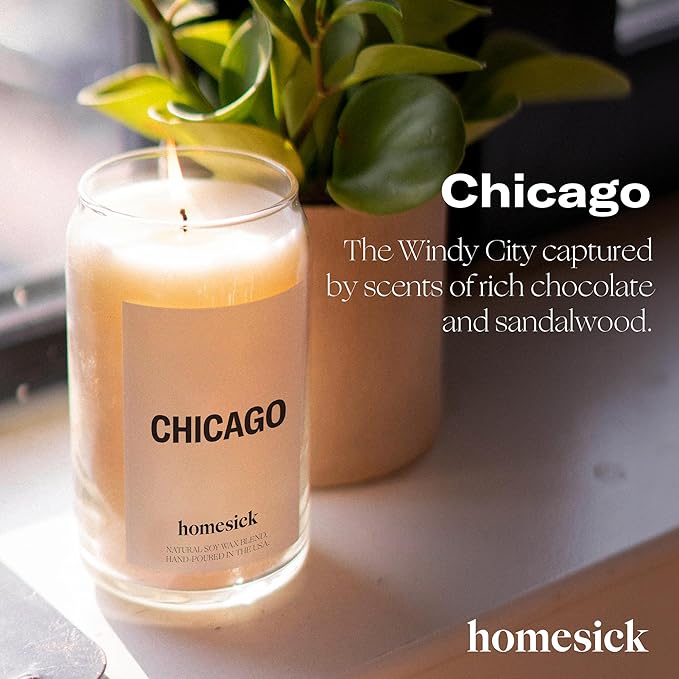 Homesick Scented Candles for Home (Chicago) - 13.75 oz Long-Lasting Soy Wax Jar Candle for Women & Men for All Occasions, 60-80 Hours Burn Time - Notes of Sandalwood & Bergamot - Bloomnest