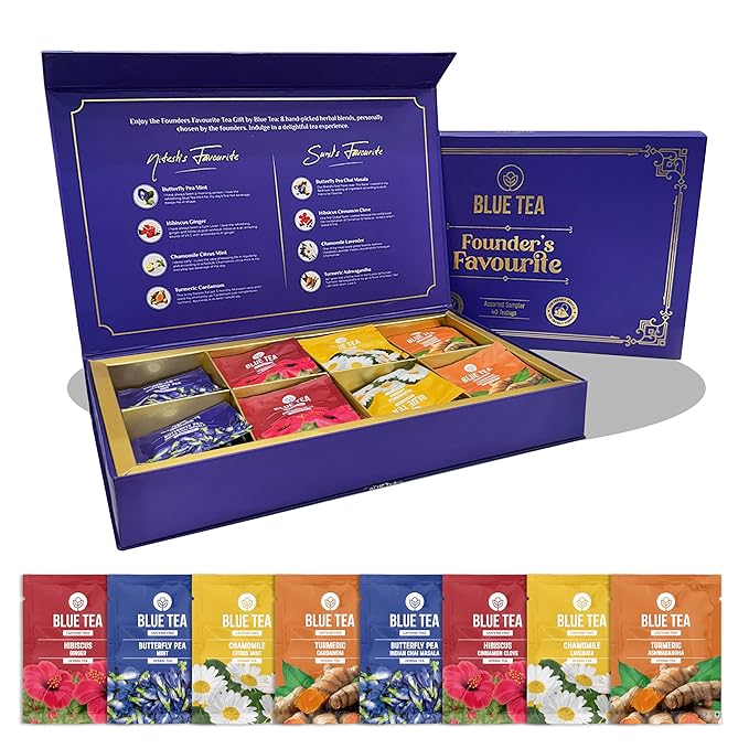 BLUE TEA - Founder’s Favourite Assorted Gift Set | 8 Varieties, 40 Count - Pyramid Plant Based Tea Bag | Caffeine Free - Herbal Tea Sampler | Tea Variety Pack | Gifts for Him and Her - Bloomnest