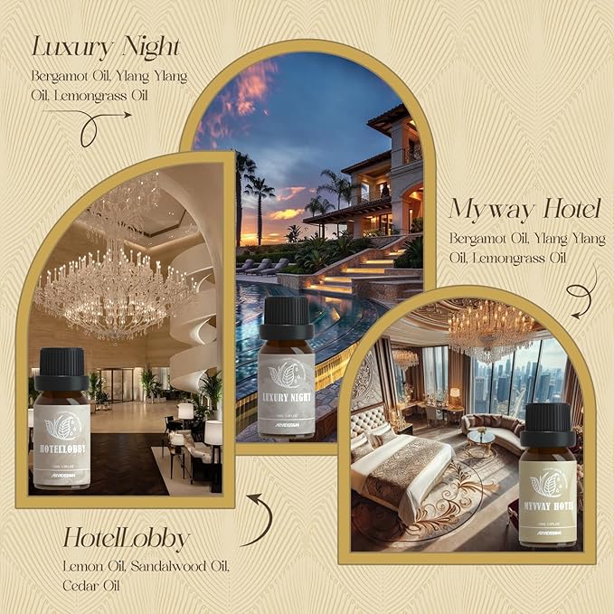 ARVIDSSON Hotel Diffuser Oils Gift Set, Hotel Scent Essential Oils for Diffuser, Luxury Fragrance Oil Blend - Jasmine & Mint, White Tea, Citrus Bliss, M-Way, Fancy Lobby, Gift for Women and Men - Bloomnest