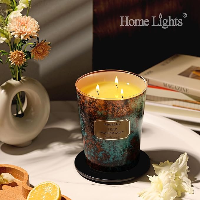 HomeLights Large jar Candle | 3-Wick Long-Lasting Scented Candles, 34oz Natural Soy Wax Candle for Home Scented, Industrial Chic Gifts for Women & Men, Teak Mahogany - Bloomnest