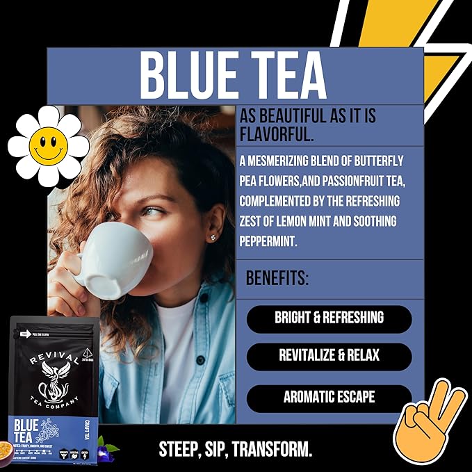 Revival Tea Company Blue Tea - Butterfly Pea Flower and Black Tea Blended with Other Herbal Tea Flavors - Loose Leaf 6 Ounces` - Bloomnest