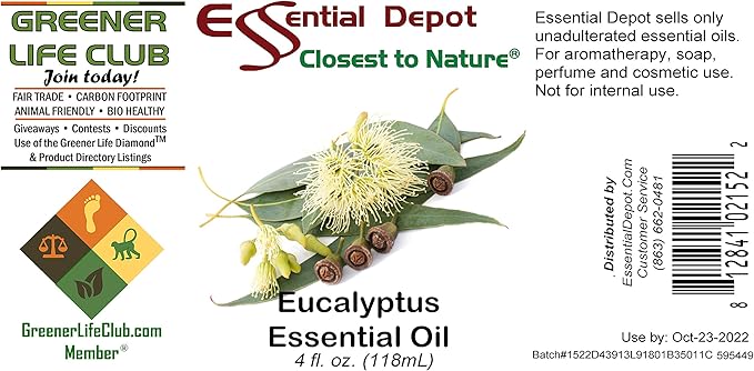 Essential Depot Eucalyptus Essential Oil - GC/MS Tested - Supplied in 4 oz. Amber Glass Bottle with Black Phenolic Cone Lined and Safety Sealed Cap ESSENTIALDEPOT