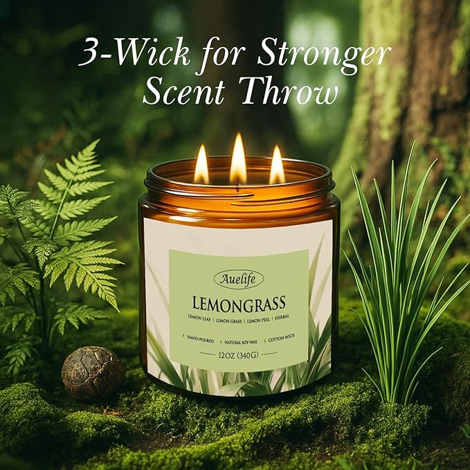 Lemongrass Scented Candle | 3-Wick Jar Candle - 12oz Natural Soy Wax - Citronella Scent for Indoor Outdoor Use, Long Lasting Aromatherapy Gifts for Fathers Day, Summer, 50+ Hour Burn - Bloomnest