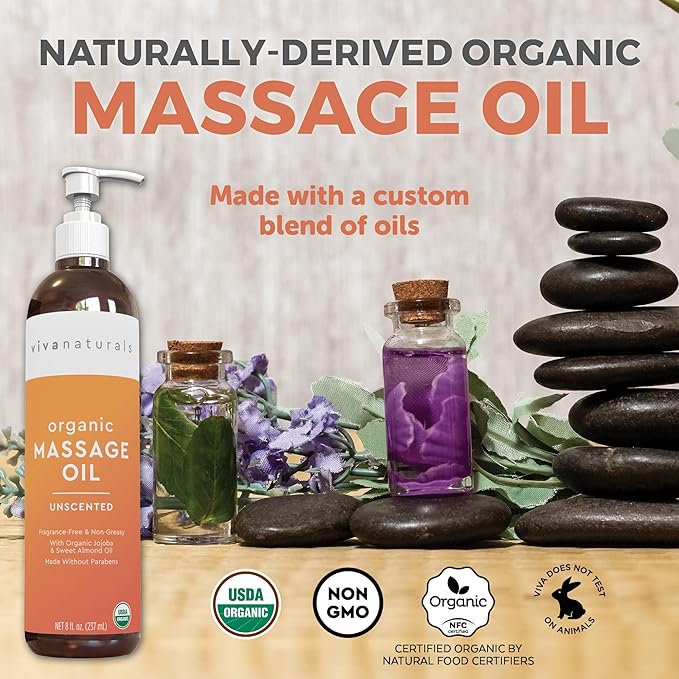 Viva Naturals Organic Massage Oil Unscented (8 fl. oz.) - Non-Greasy Body Oil with Mess-Free Pump, Moisturizing Massage Oils for Massage Therapy, Non-GMO and Certified Organic, 237 mL - Bloomnest