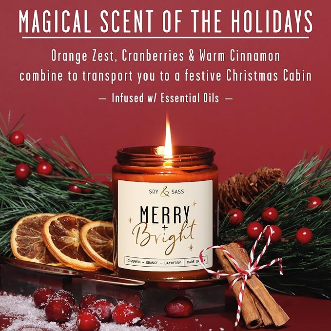 Christmas Candles Scented – ‘Merry & Bright’ Soy Christmas Candle, w/Cranberries, Cinnamon & Orange - Infused with Essential Oils I Holiday Candles I 9oz, 50Hr, Made in USA - Bloomnest