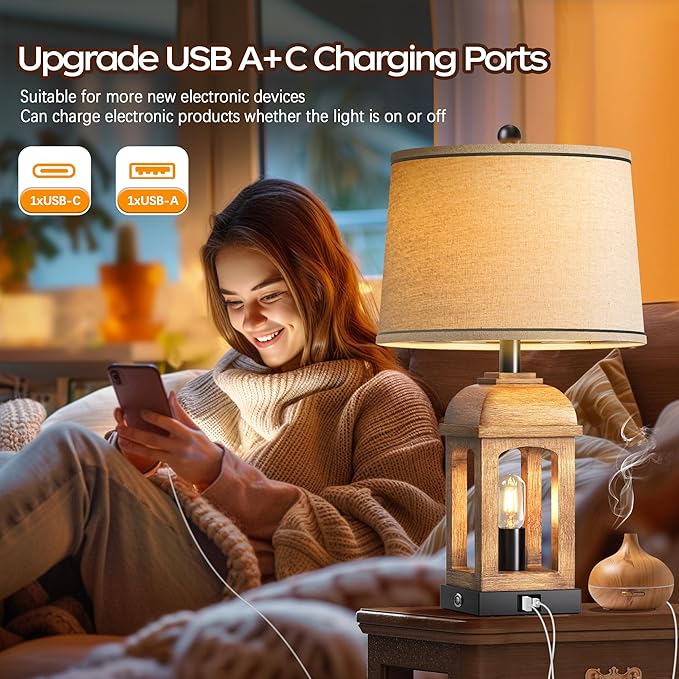 QiMH Table Lamp for Living Room, Farmhouse Lamps Set of 2 with USB A+C and Nightlight, 26" Rustic Bedside Lamps with 3-Way Dimmable Touch Control, Nightstand Lamp for Bedroom Decor, Wood Grain - Bloomnest