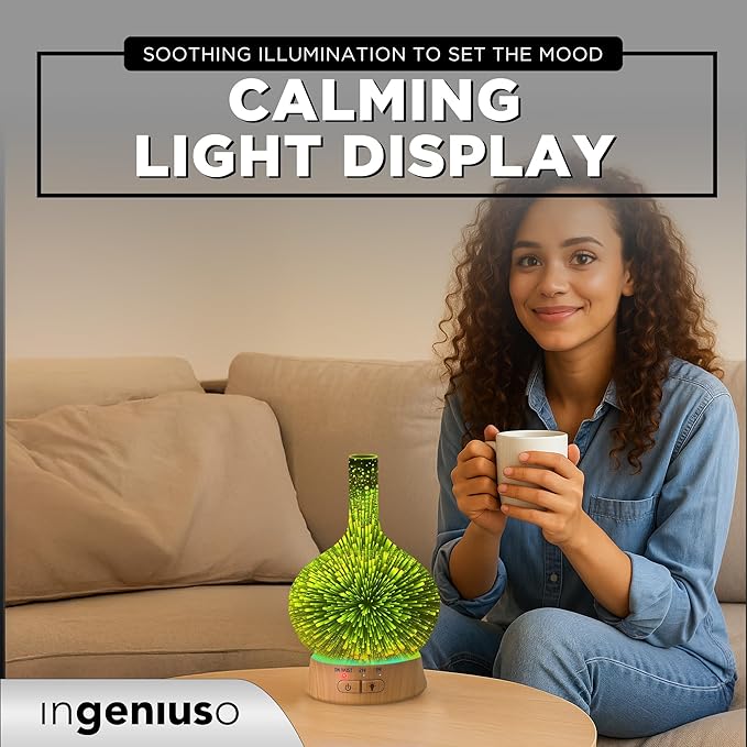 Aromatherapy Essential Oil Diffuser for Therapeutic Oils | 3D Glass Vase Cover with Colorful LED Light Display | Cool Mist Aroma Therapy Diffusers | Versatile Nightlight, Humidifier with Auto Shut-off Bloomnest