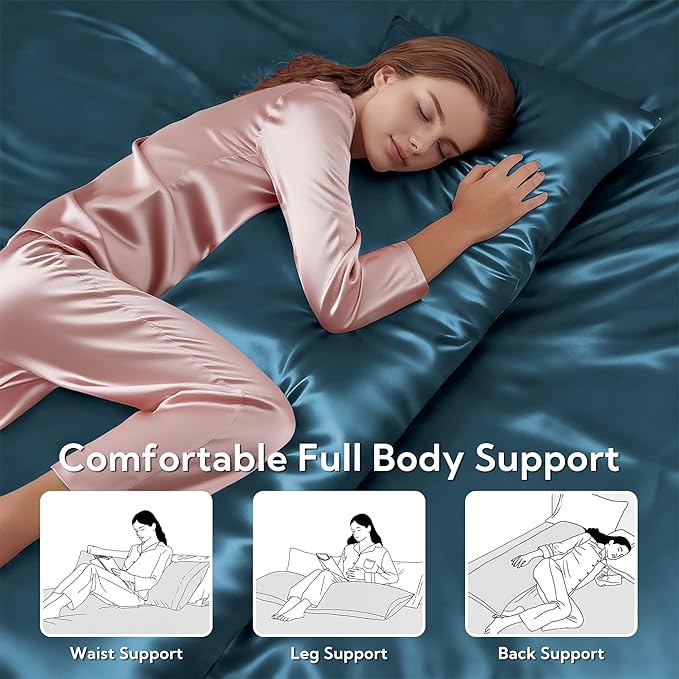 MR&HM Satin Body Pillow Cover, Soft and Breathable Body Pillow Case with Envelope Closure, Cooling and Silky Long Pillowcase for Hair and Skin,Grey (20x54, Teal) - Bloomnest