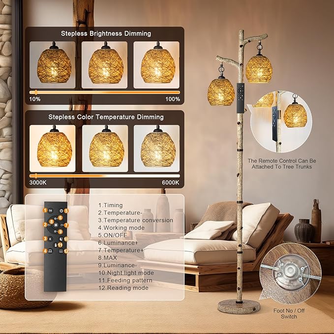 68.5" Rustic Farmhouse Remote Control Switch Birch Tree Floor lamp with Bird Nest Lantern Shade Vintage Standing Lamp for Living Room Bedroom Hotel Bar Office Wood House(Bulb Included)