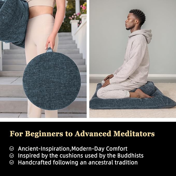 Meditation Zafu Cushion Set with Buckwheat Hulls & Memory Foam - Ergonomic Support for Yoga & Sitting - Removable Machine-Washable Luxury Velvet Cover - for Adults and Kids (Cl03-Blue)