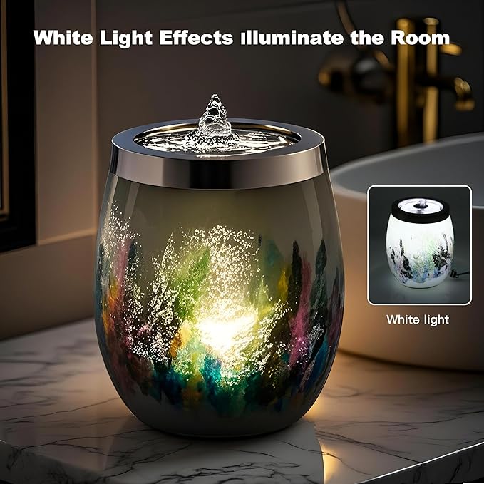 VOREEN Handblown Glass Tabletop Fountain - Art Glass Indoor Fountain with Cool White Ambient Glow - Optional Aromatherapy for Home, Spa, Office Décor - Grey - Bloomnest