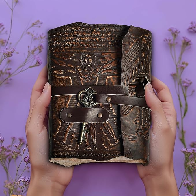 LEATHER VILLAGE Genuine Leather Handmade Journal for Men & Women – Vitruvian Man Embossed Cover – Key Closure – Book of Shadow – Vintage Deckle Edge Paper for Writing, Drawing – 7x5 Inches – Brown - Bloomnest