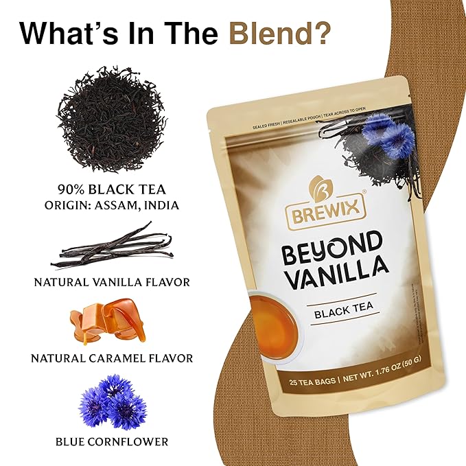 BREWIX, Vanilla Caramel Dessert Tea (25 Pyramid Black Tea Bags) | Naturally Flavored, Caffeinated & Sugar-Free | A Cozy & Indulgent Brew for Anytime Cravings - Bloomnest