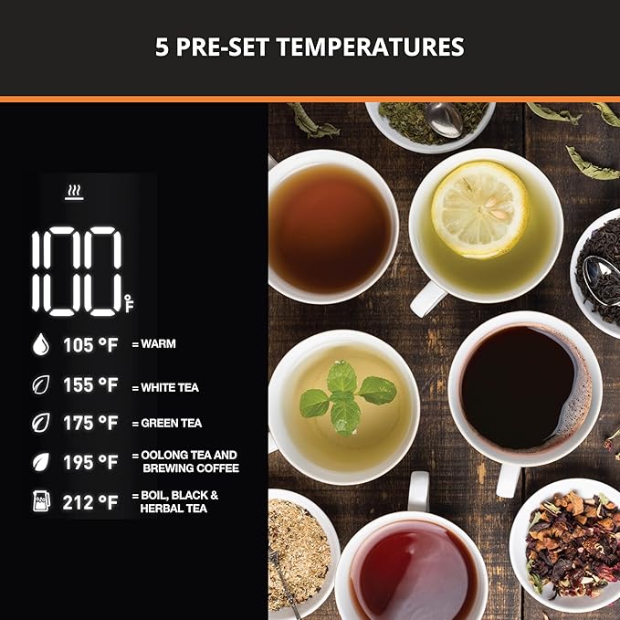KRUPS Smart Temp Electric Kettle: 1.7L Capacity, 5 Precise Temperature Settings, Digital Display, Cool-Touch Exterior, Cordless Design for Tea and Coffee Lovers - Bloomnest