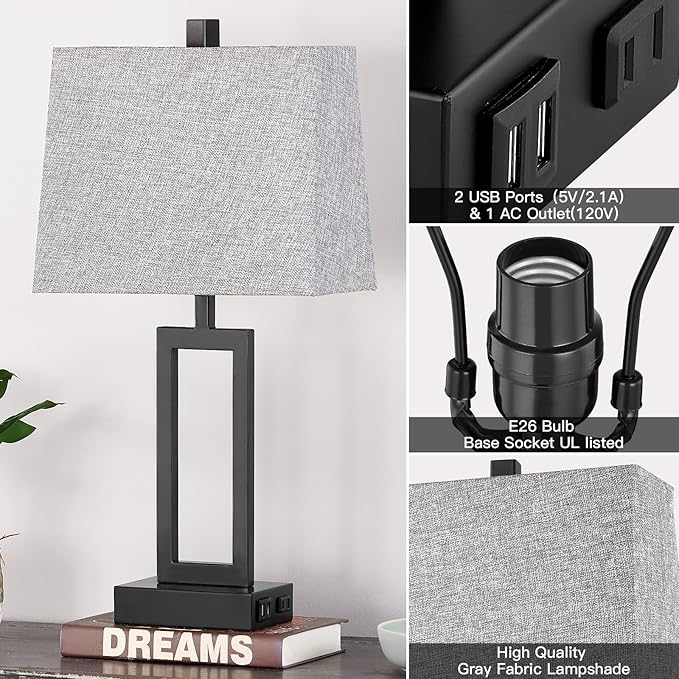 Touch Control Table Lamps Set of 2, Modern Bedside Lamps with USB A+C Ports & AC Outlet, 3 Way Dimmable Contemporary Nightstand Lamps for Bedroom Living Room Gray(LED Bulb Included) - Bloomnest