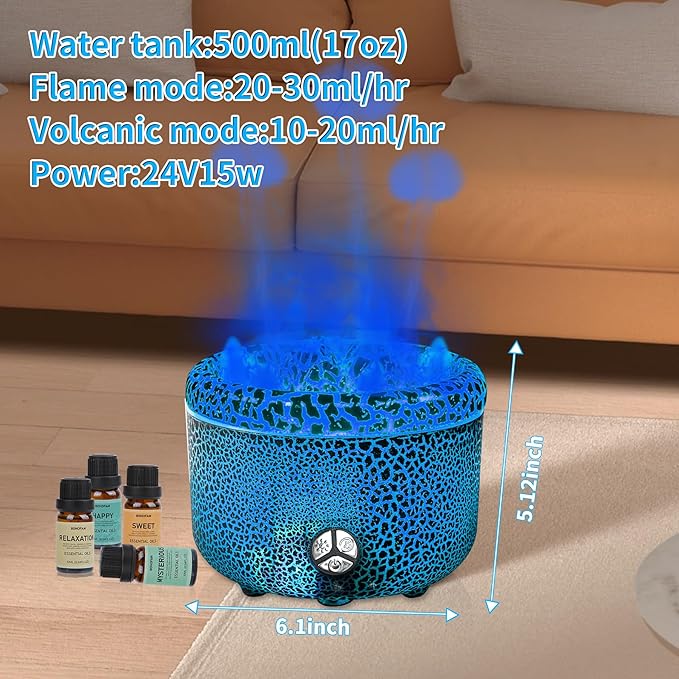 BOHOFAM Essential Oil Diffuser 500ML,Volcano and Flame Diffuser/Humidifier 2 Mode,Three Volcanic Vent Diffusers for Home,Included 4 Hotel Collection Diffuser Oil for Bedroom(Gray Crack) - Bloomnest
