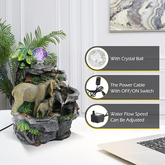 Dyna-Living Elephant Water Fountain Indoor Desktop Fountain Waterfall with Colorful LED Light Tabletop Water Fountain for Desk Office Relaxing Inside Water Feature