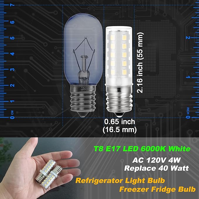 4W 297048600 Refrigerator Light Bulb Replace 40 Watt Freezer Fridge Bulb T8 E17 Lamp Light for Kenmore Whirlpool KitchenAid Electrolux 241552802 1056577 AP3770086 AH976993 EA976993 EA1149215, 2 Pack - Bloomnest