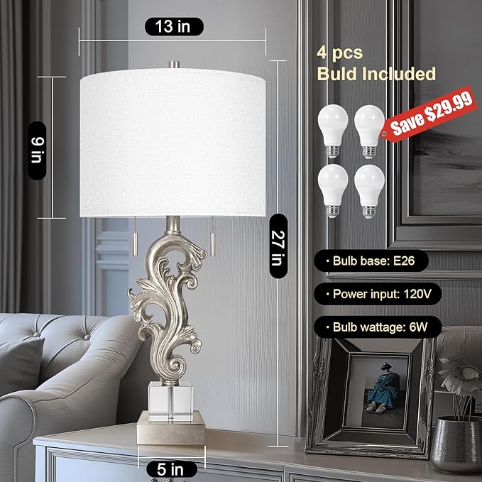 Scenekoy Table Lamp Set of 2 with USB Ports, Pull Chains Switch, 27” Silver Leaf Sculptural Bedside Lamps with Linen Shade for Living Room Bedroom, Nightstand Lamps for Home Room Decor - Bloomnest