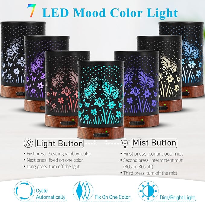 Essential Oil Diffuser - 150ML Metal Aromatherapy Diffuser for Essential Oils with 7 Colors Lights Gifts for Mom Auto Shut-Off & Ultrasonic Cool Mist Diffuser, Ambience for Home - Bloomnest