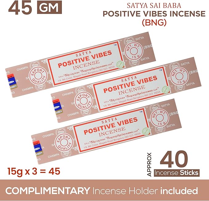 Satya Positive Vibes Incense Sticks, Satya Bng (Bangalore) Insenses 15gmx3 Pack (45 GMS) with Raajsee Incense Holder Bundle, Satya Nagchampa Natural Incense - Bloomnest
