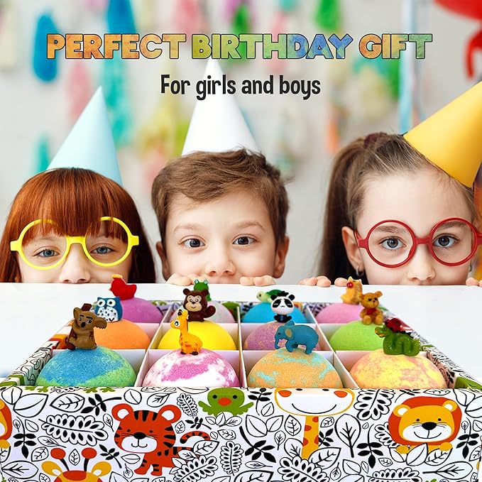 Bath Bombs for Kids with Surprise Inside, 12 Bubble Bath Fizzies with Jungle Animal Toys. Moisturizing, Gentle & Kids Safe, Rainbow Spa Bath Fizz, Stocking Stuffers Christmas Gifts for Boys, Girls - Bloomnest