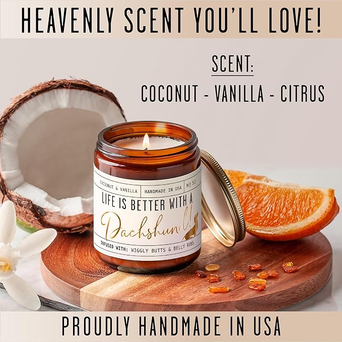 Dachshund Gifts for Women - 'Life is Better with a Dachshund' Candle, w/Vanilla, Coconut & Citrus - Infused w/Essential Oils I Weiner Dog Gifts for Women I Dachshund Decor I 50Hr Burn, USA Made - Bloomnest