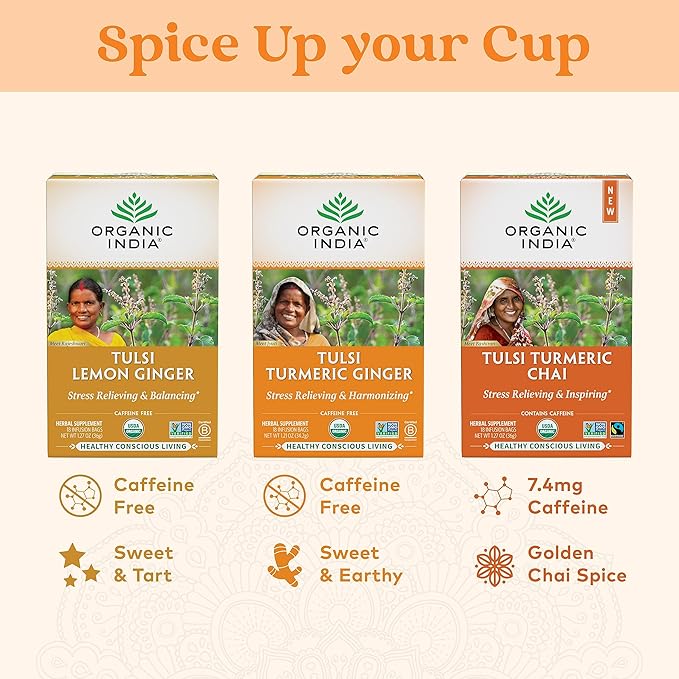 ORGANIC INDIA Tulsi Turmeric Ginger Herbal Tea - Stress Relieving & Harmonizing, Immune Support, Aids Digestion, Vegan, Caffeine-Free - 18 Infusion Bags, 6 Pack - Bloomnest