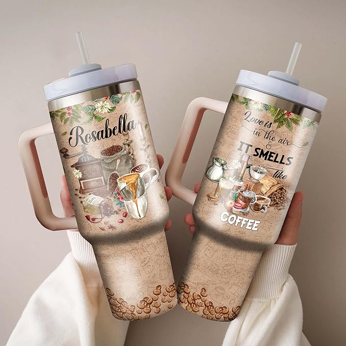 WAZONE Personalized Love Is In The Air And It Smells Like Coffee Tumbler Custom Name Stainless Steel Insulated Tumblers Coffee Travel Mug Cup Birthday Christmas Gifts For Drinkers Women Men - Bloomnest