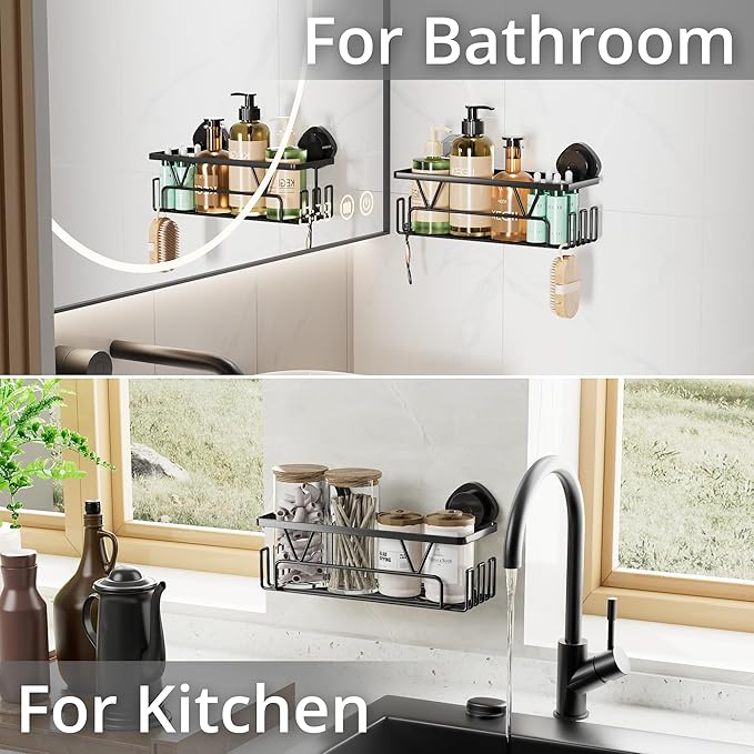 KEGII Shower Caddy Suction Cup with Hooks, Large Capacity Shower Suction Shelf, Heavy Duty Bathroom Organizer, No Drilling Stainless Steel Shampoo Holder for Bathroom Storage, Black - Bloomnest