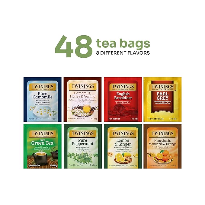 Twinings 48 Tea Bags Herbal Variety Pack – 8 Flavors Individually Wrapped, Mix of Black, Green, and Herbal Teas, Perfect Tea for Any Occasion - Bloomnest