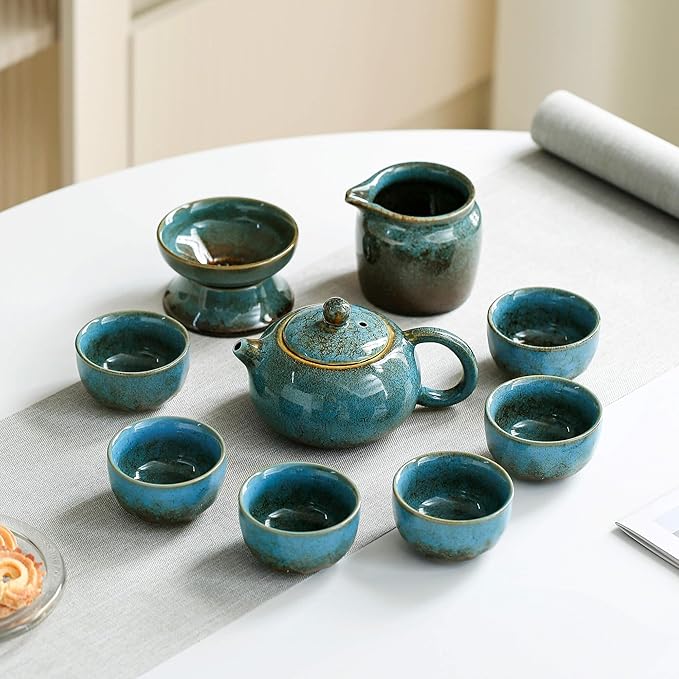 Chinese Tea Set, 10-Piece Ceramic Set with Teapot and Cups, Gongfu Tea Set,Tea Gift Sets,Outdoor and Office (Kiln-Changed Blue) - Bloomnest