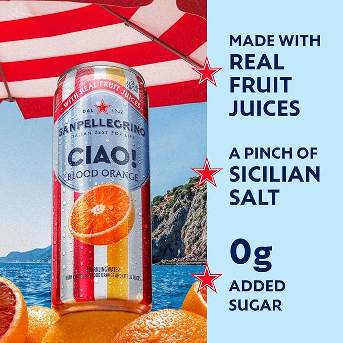 Sanpellegrino CIAO Blood Orange Sparkling Water, Low-Calorie Italian Sparkling Water with Real Fruit Juices, 0g Added Sugar, 24-Pack - Bloomnest