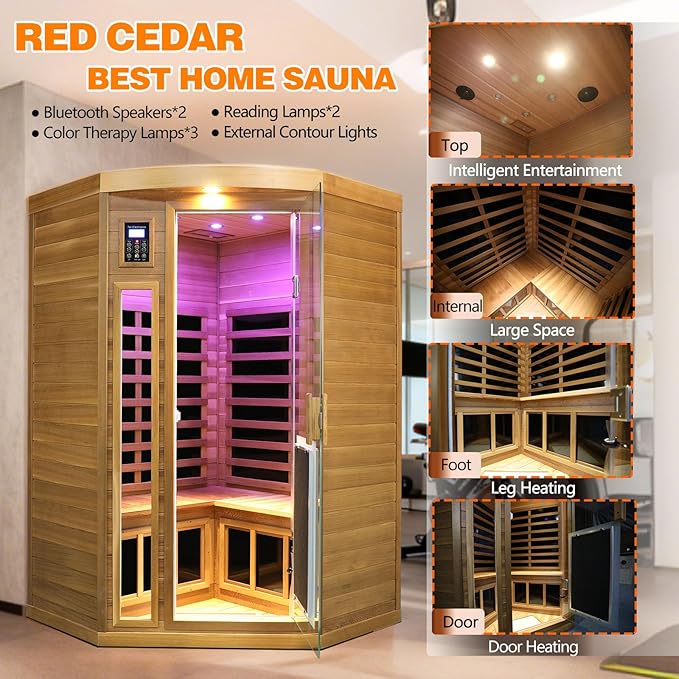 2-3 Person Corner Far Infrared Sauna for Home, 1760W Ultra-Low EMF（0-1mG） Indoor Red Cedar Wood Sauna Room with 8 Heating Panels, Dual Control Panel, Bluetooth Speaker & Chromotherapy Lights KUNSANA